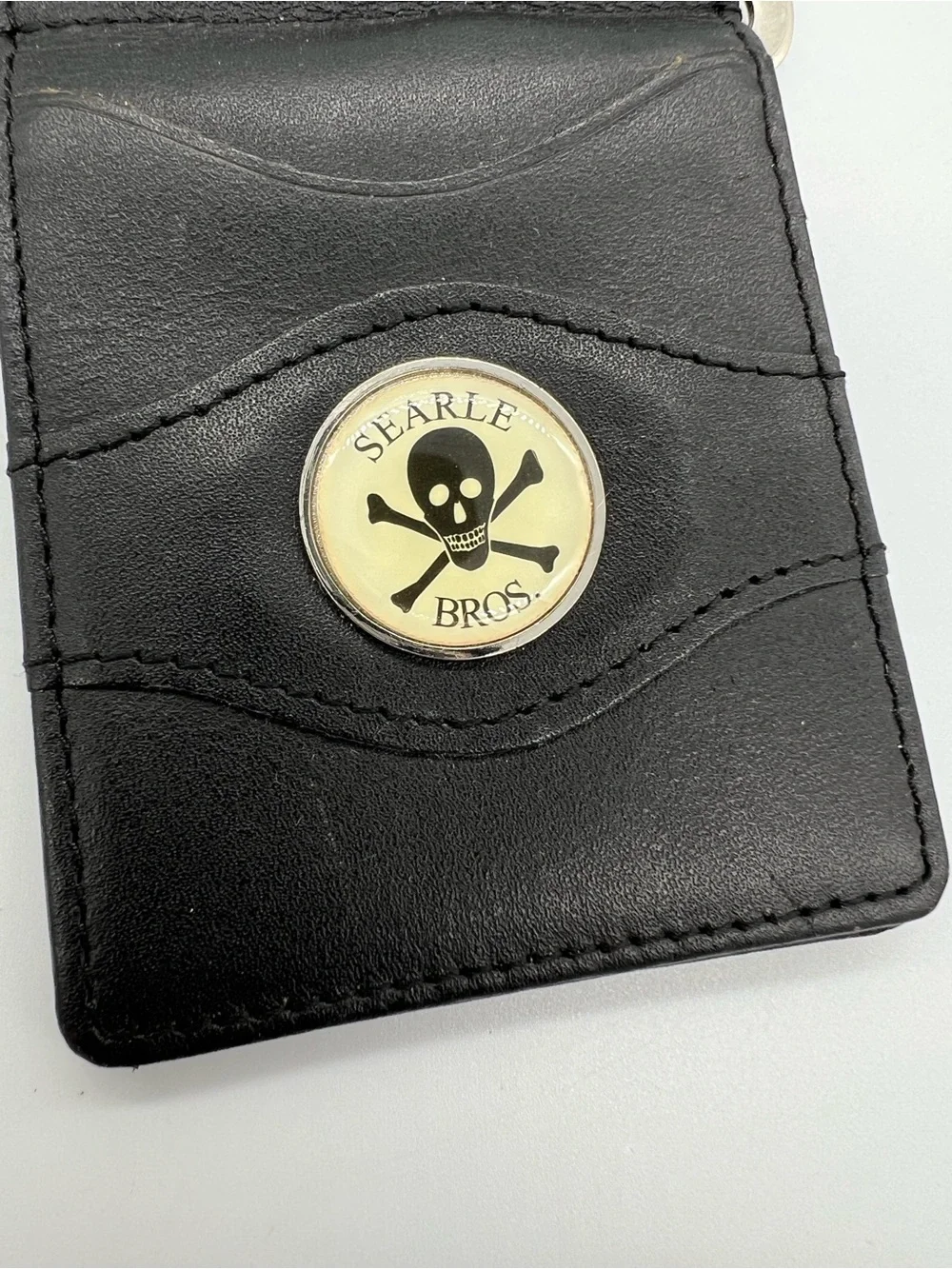 Searle Bros Black Leather Money Clip with Skull Emblem